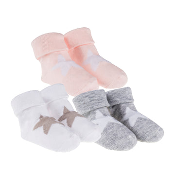 Set 3 perechi sosete roz, albe si gri, cu stea decorativa