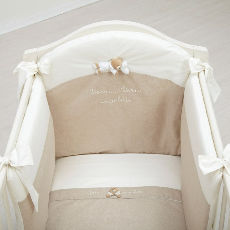 Set lenjerie de pat Tato 4 piese, unisex, crem/bej decorat cu broderie si ursulet
