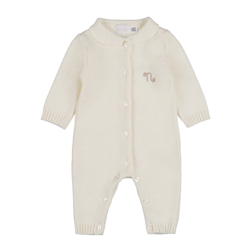 Salopeta alba din tricot cu deschidere frontala si broderie