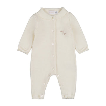 Salopeta alba din tricot cu deschidere frontala si broderie