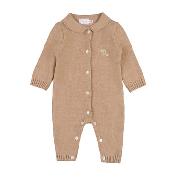 Salopeta bej din tricot cu deschidere frontala si broderie