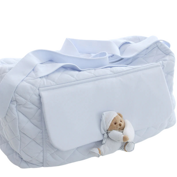 Geanta pentru carucior bleu, bumbac, buzunar frontal cu ursulet Puccio