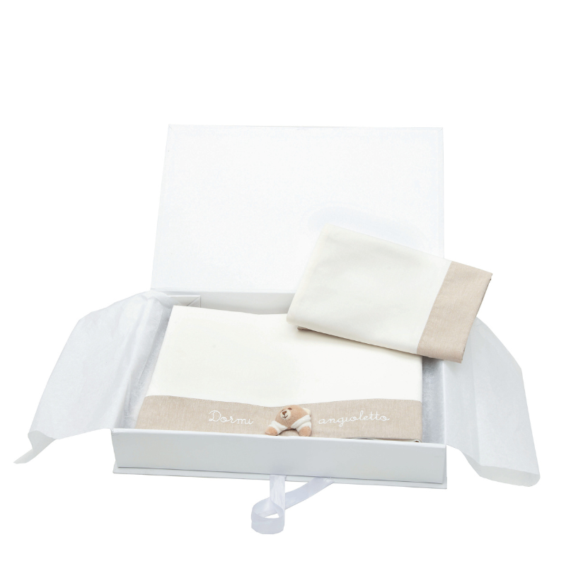 Set asternuturi Tato pentru landou, unisex, 100% bumbac, cu broderie si ursulet decorativ