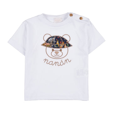 Tricou alb premium copii cu ursulet si palarie din material liberty