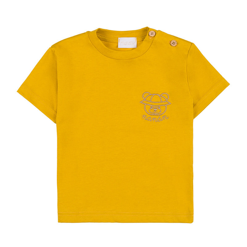 Tricou baieti galben cu ursulet si nasturi pe umar