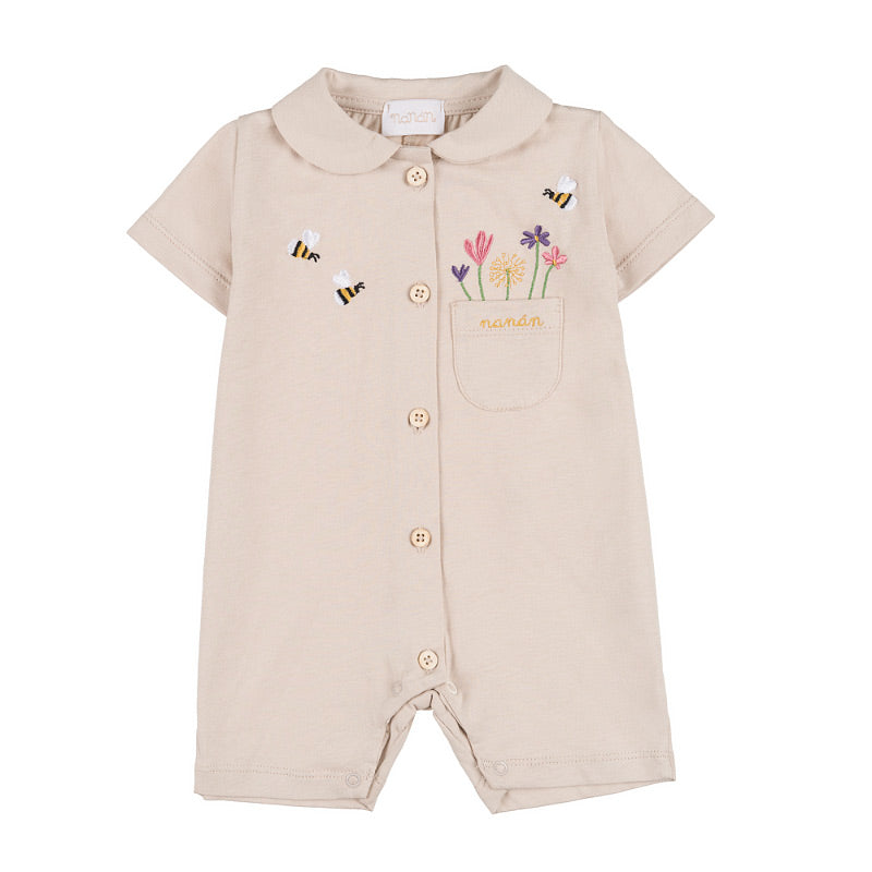 Salopeta premium bebelusi din bumbac 100% crem, broderie delicata cu flori si albinute