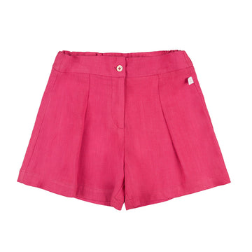 Pantaloni scurti roz fetite din amestec de in si vascoza, croi elegant