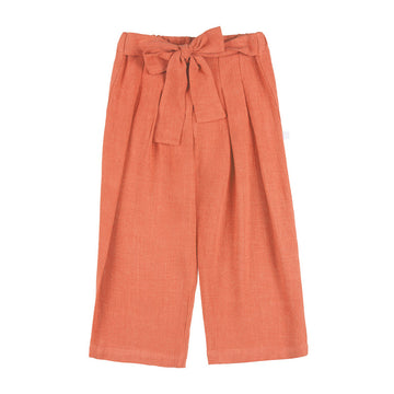 Pantaloni lungi portocalii fetite din amestec de in si vascoza, cu cordon chic