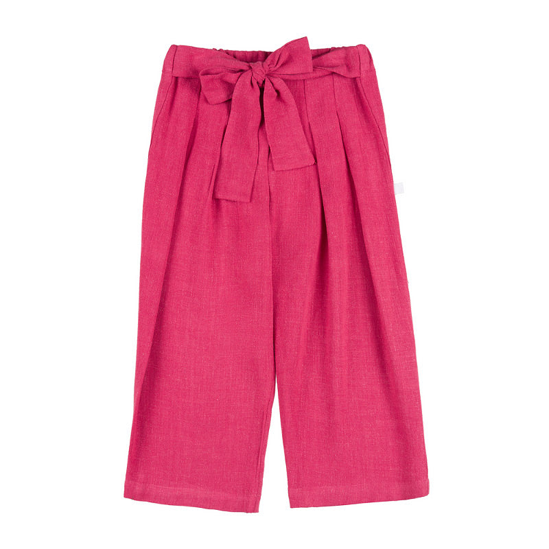 Pantaloni largi roz fetite din in si vascoza, cu cordon elegant
