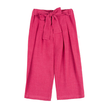 Pantaloni largi roz fetite din in si vascoza, cu cordon elegant