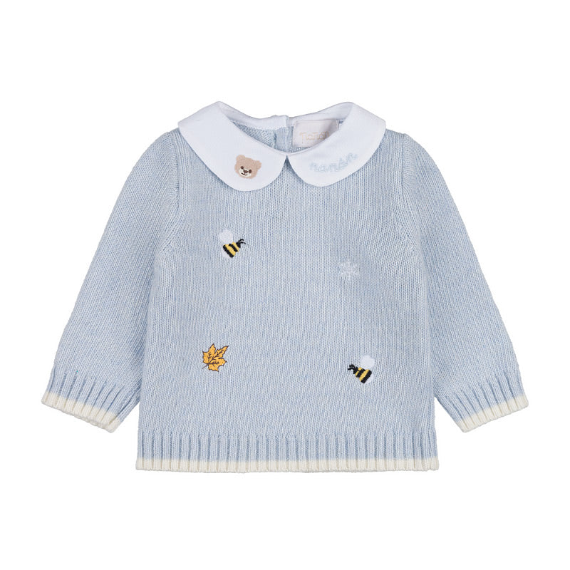 Set bleu din doua piese tricotat cu broderii delicate