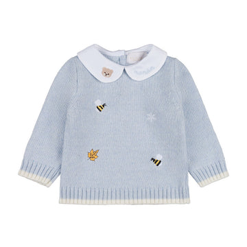 Set bleu din doua piese tricotat cu broderii delicate