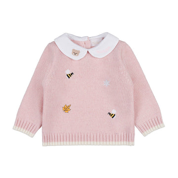 Set roz din doua piese tricotat cu broderii delicate