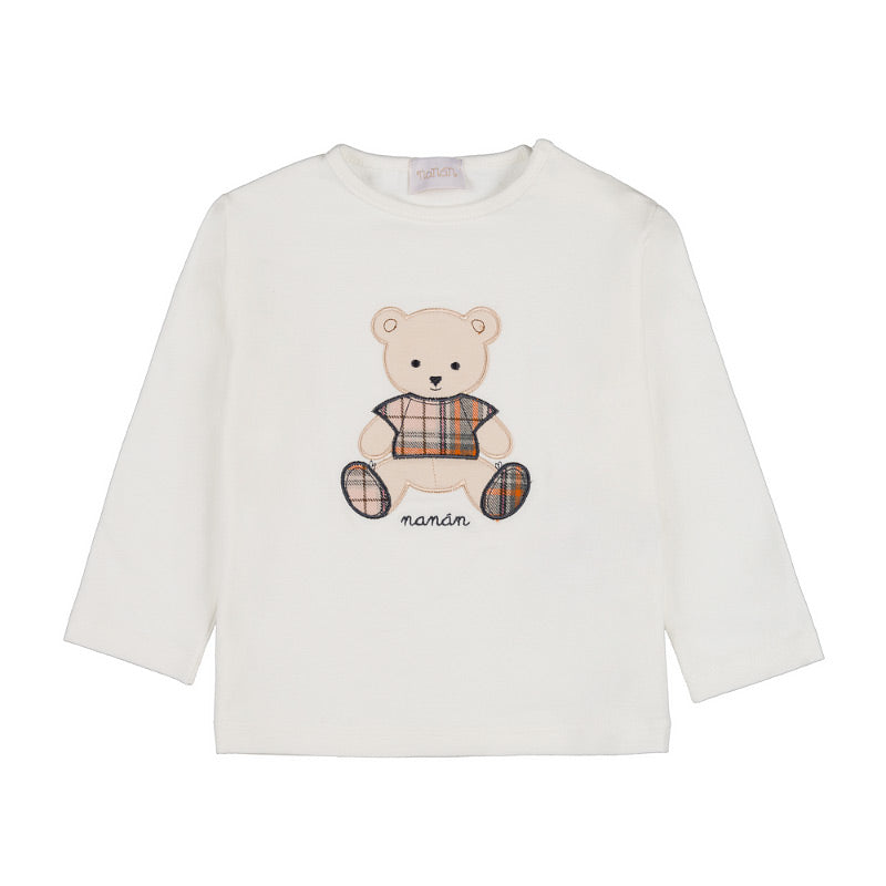 Tricou crem maneca lunga cu ursulet brodat