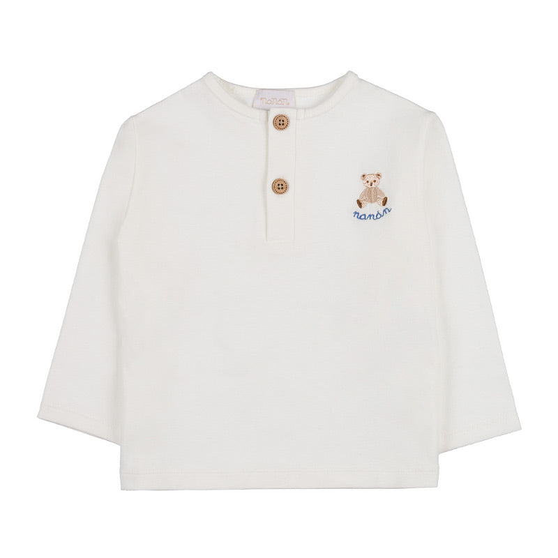 Tricou alb maneca lunga copii cu nasturi si ursulet brodat