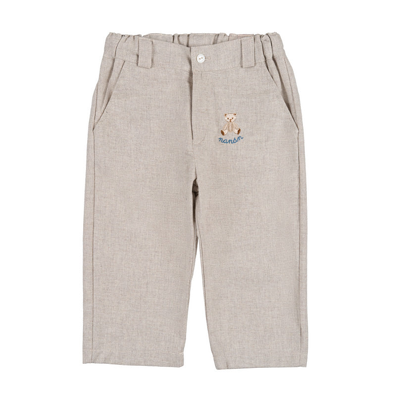 Pantaloni bej copii din bumbac cu buzunare si ursulet brodat