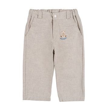 Pantaloni bej copii din bumbac cu buzunare si ursulet brodat