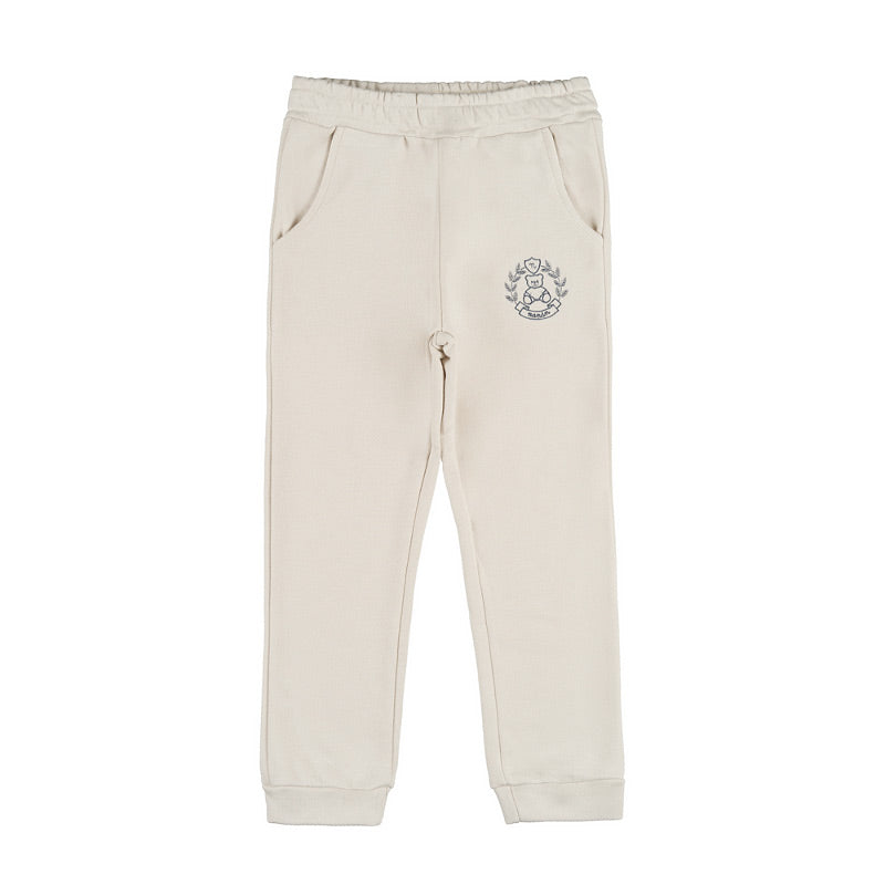 Pantaloni bej copii din bumbac si bambus cu broderie ursulet