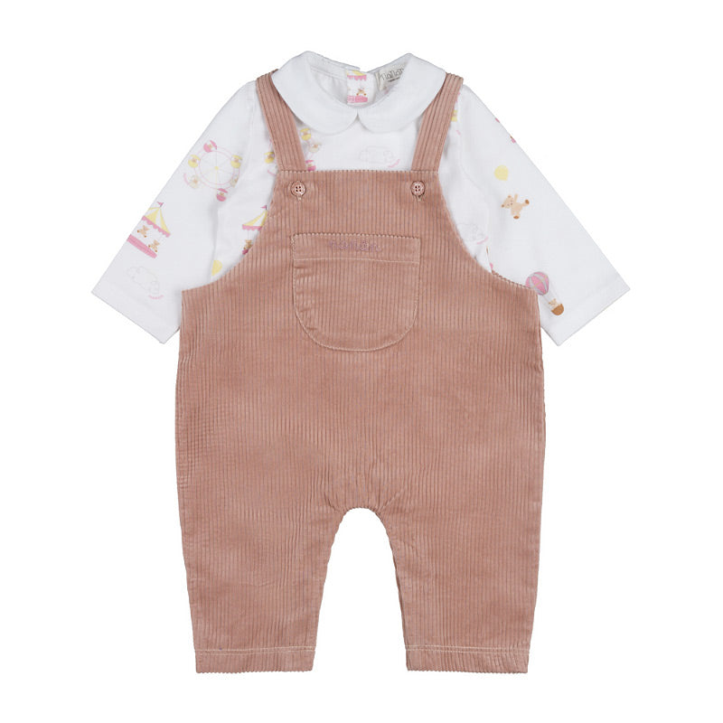 Set salopeta roz din catifea cu bluza alba imprimeu circus