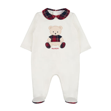 Salopeta alba cu ursulet si detalii in carouri