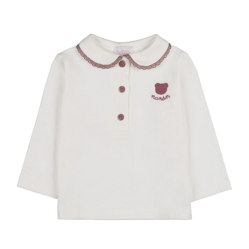 Tricou alb cu guler si ursulet mov brodat copii