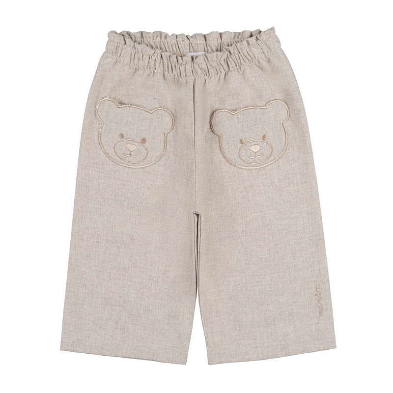 Pantaloni bej cu buzunare in forma de ursuleti pentru fete