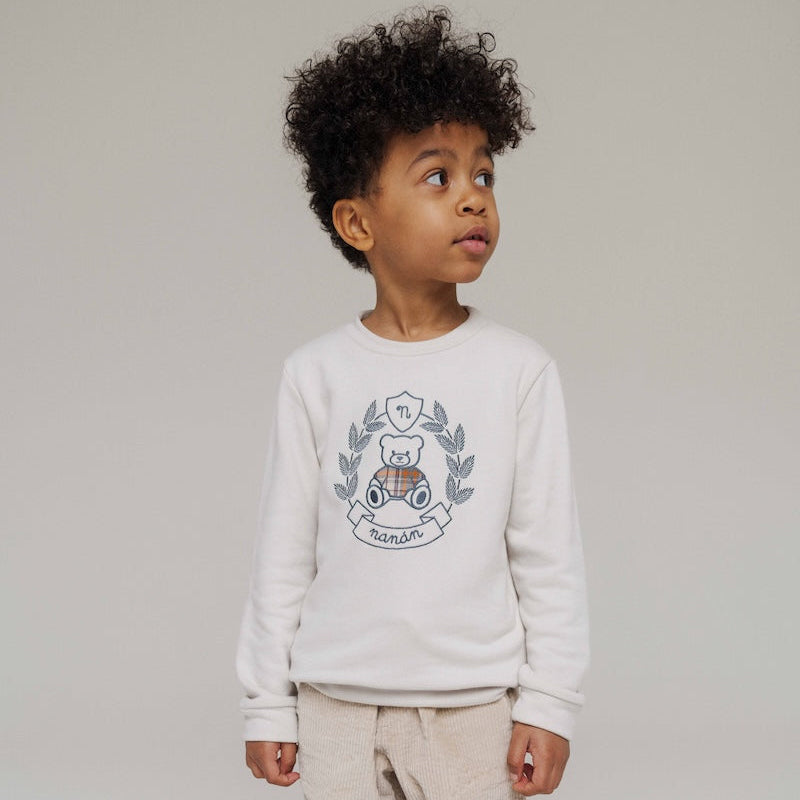 Bluza bej copii din bumbac si bambus cu ursulet brodat