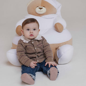 Cardigan bej tricotat din casmir si lana merino cu dungi fine