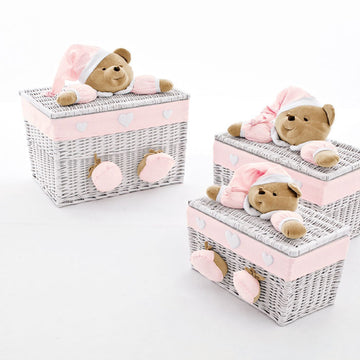 Cufar din rachita mic pentru depozitare jucarii, ursuletul Puccio, roz, 55x30x30 cm