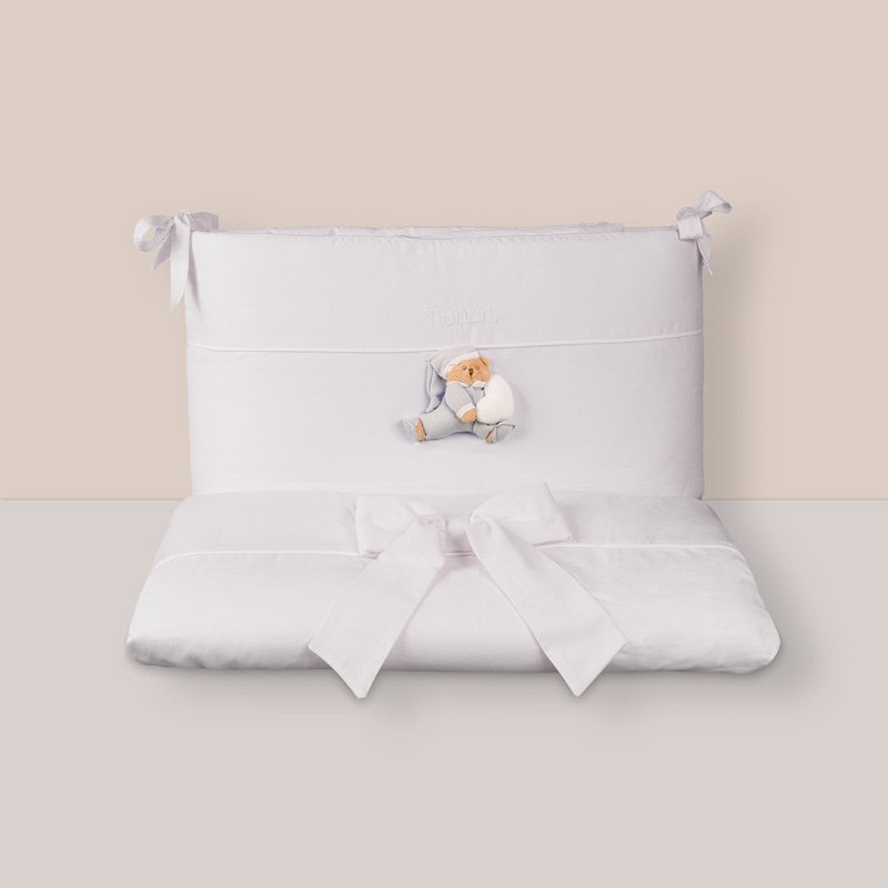 Set lenjerie bleu cu ursulet pentru patut oval convertibil , 4 piese, din bumbac