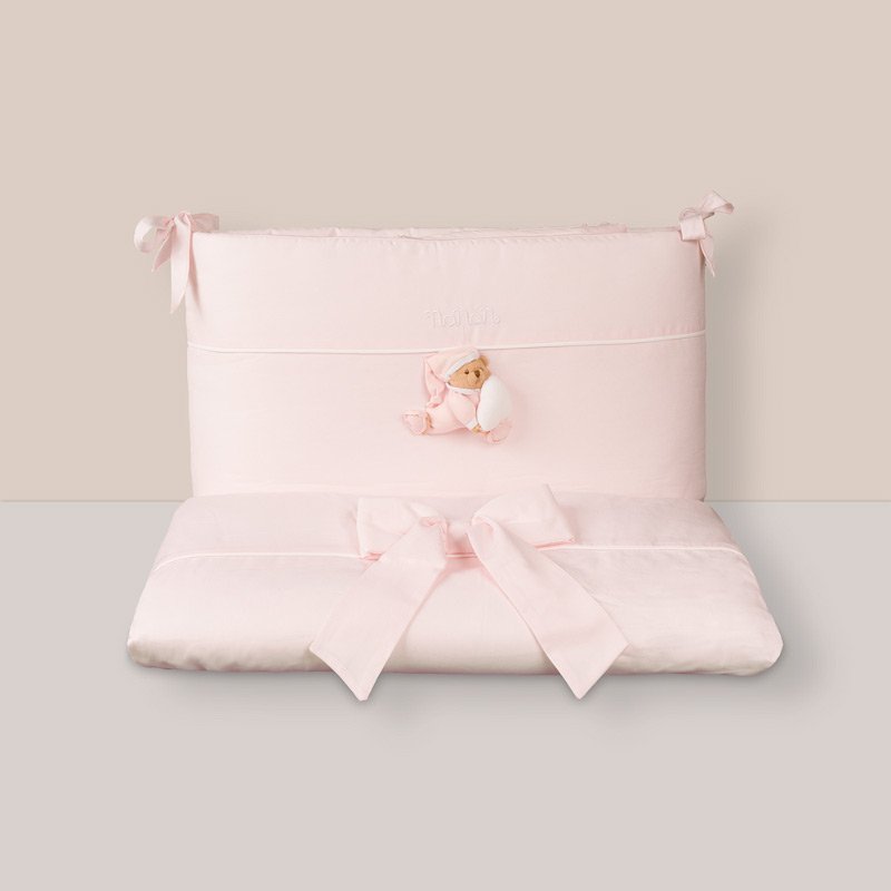 Set lenjerie roz cu ursulet pentru patut oval convertibil , 4 piese, din bumbac