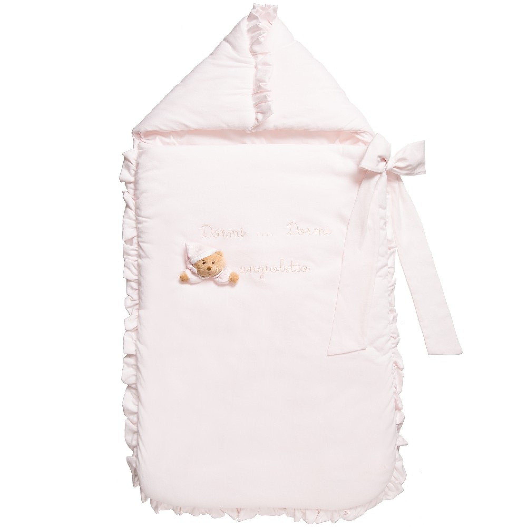 Sac de dormit roz cu volanase si ursulet Puccio, nou-nascuti, 45x83cm