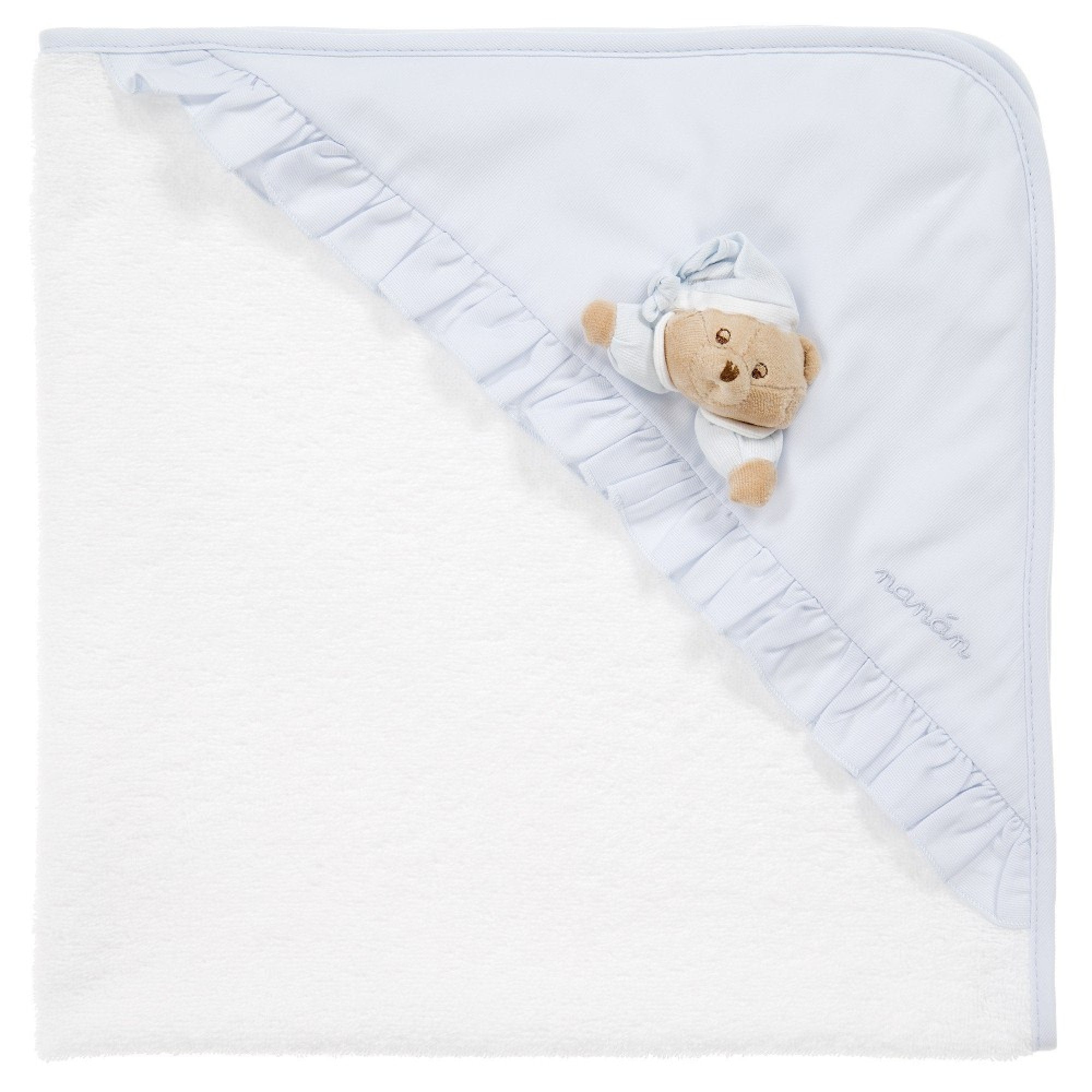 Prosop din bumbac pentru bebelusi cu gluga bleu si ursulet Puccio, 72x72 cm
