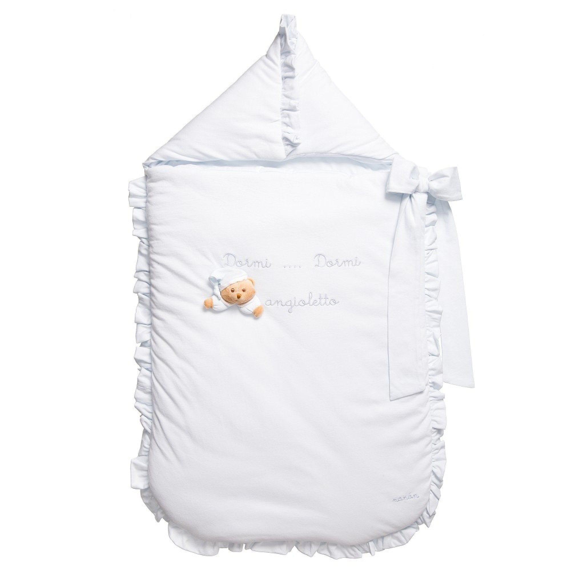 Sac de dormit bleu cu volanase si ursulet Puccio, nou-nascuti, 45x83cm