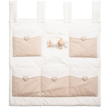 Organizator textil bej/crem pentru pat, 5 buzunare, ursuletul Tato, 60x65 cm