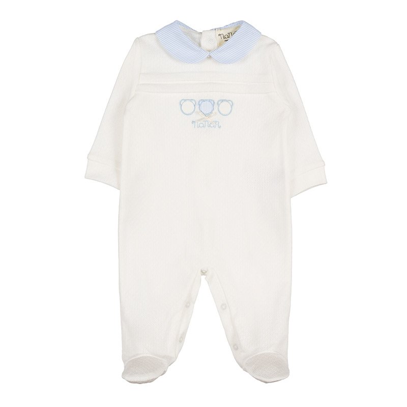 Salopeta nou-nascut din bumbac organic cu guler rotund si broderie albastra