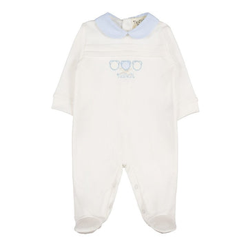 Salopeta nou-nascut din bumbac organic cu guler rotund si broderie albastra